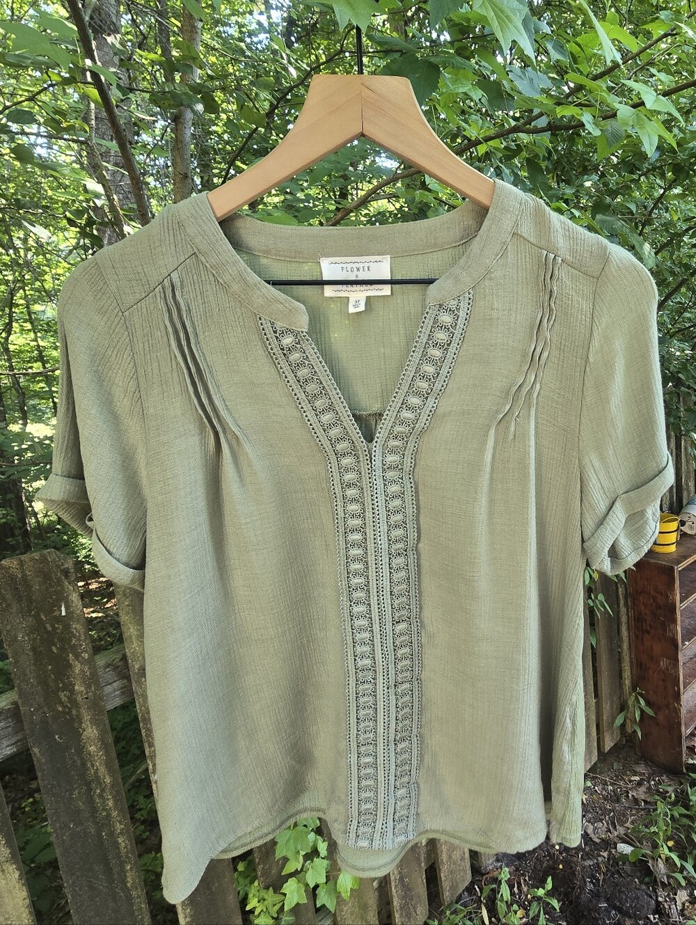Flower & Feather Sage Green Embroidered Boho Blouse SZ- Medium